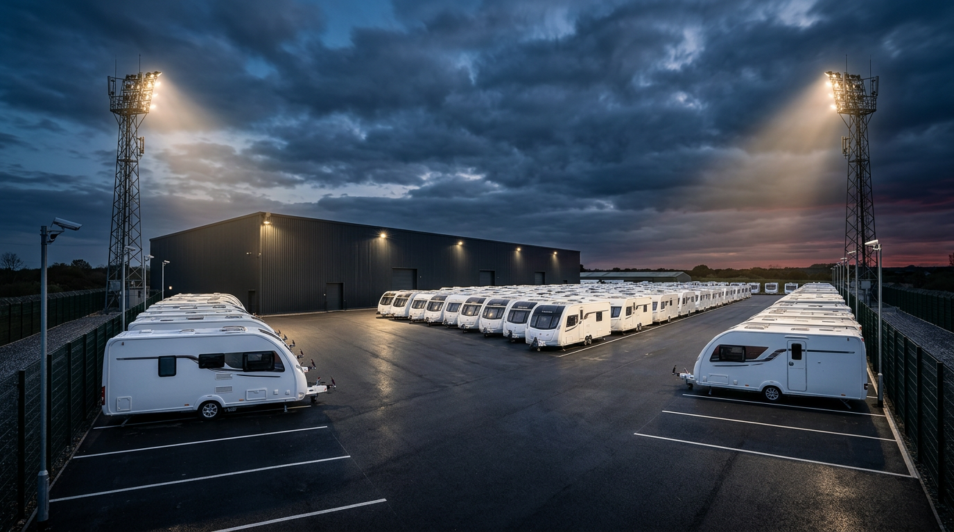 Van Haven secure storage yard in Benidorm at dusk with caravans, motorhomes and boats parked on hard-standing pitches